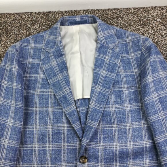 SuitSupply Sport Coat Blazer 40S E Thomas Silk Wool Linen Windowpane Plaid Blue - Picture 2 of 14